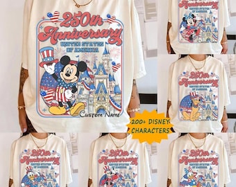 Camiseta personalizada con todos los personajes de Disneyland por el 250 aniversario de Estados Unidos, camiseta del Castillo de Disneyland por el Día de la Independencia.