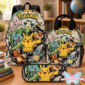 Pokéball-Rucksack-Set, Schultasche für Kinder mit Lunchbox, Anime-Federmäppchen, Pikachu-Geschenk für Jungen, Rucksack im Manga-Stil