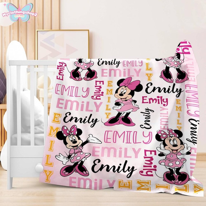 Manta personalizada de Minnie Mouse en acuarela, manta personalizada con nombre de Minnie Mouse, regalo de cumpleaños para niña, regalo para baby shower. imagen 3