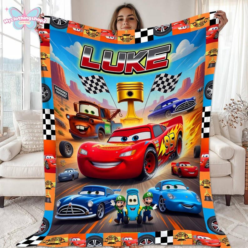 Personalized Cars Blanket, Custom Name Lightning Mcqueen Sally Tow Mater Cars Blanket, Custom Name Cars Characters Birthday Blanket Gifts image 1