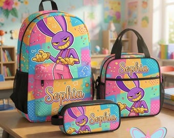 Jax Backpack Set 3 Pcs The Amazing Digital Circus Rabbit School Bag Lunch Box Pencil Case Personalized Kids Back To School Gift