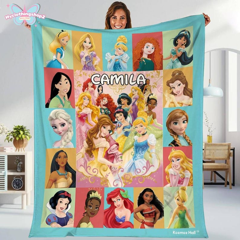 Custom Disneyland Princess Blanket, Princess Blanket Gift for Her, Cinderella Snow White Belle Jasmine Ariel Princess, Birthday Girl Blanket image 1