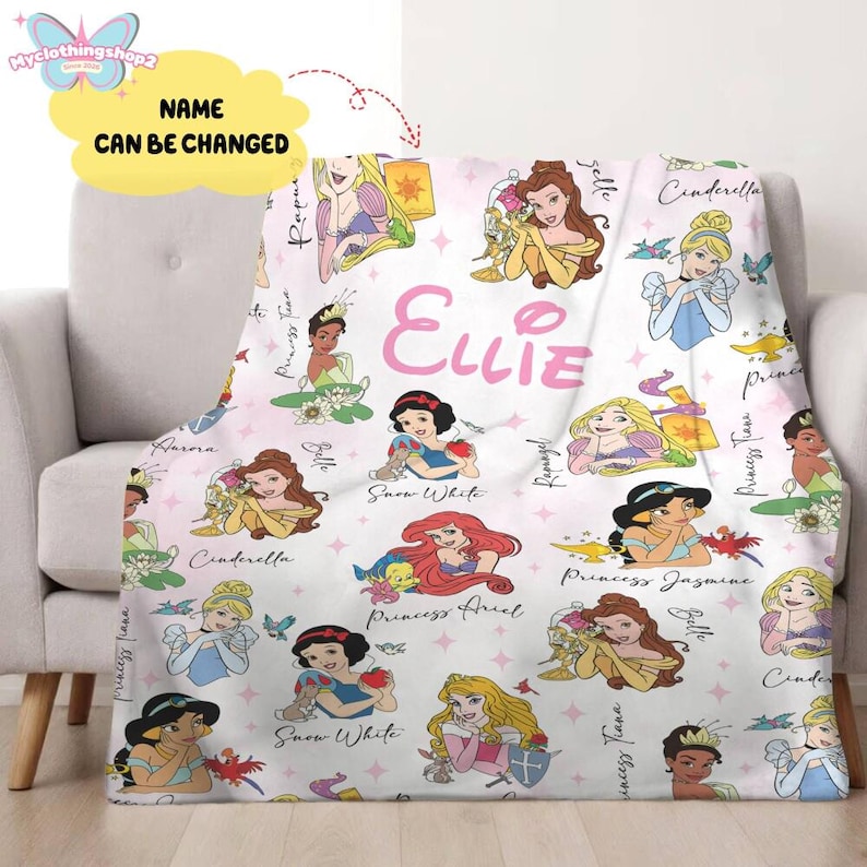 Custom Name Princess Blanket, Princess Blanket Gift for Her, Cinderella Snow White Belle Jasmine Ariel Princess Blanket, Princess Birthday immagine 2