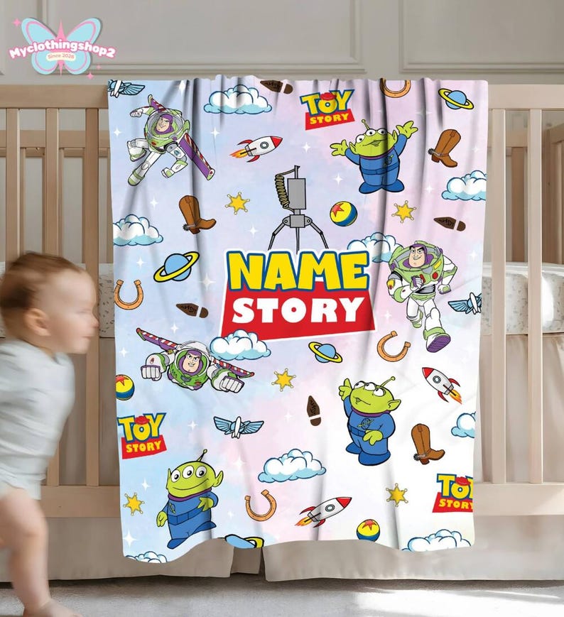 Custom Name Pixar Toy Story Fleece Blanket, Buzz Lightyear Blanket, Toy Story Aliens Blanket, Toy Story Birthday, Birthday Boy Blanket image 2