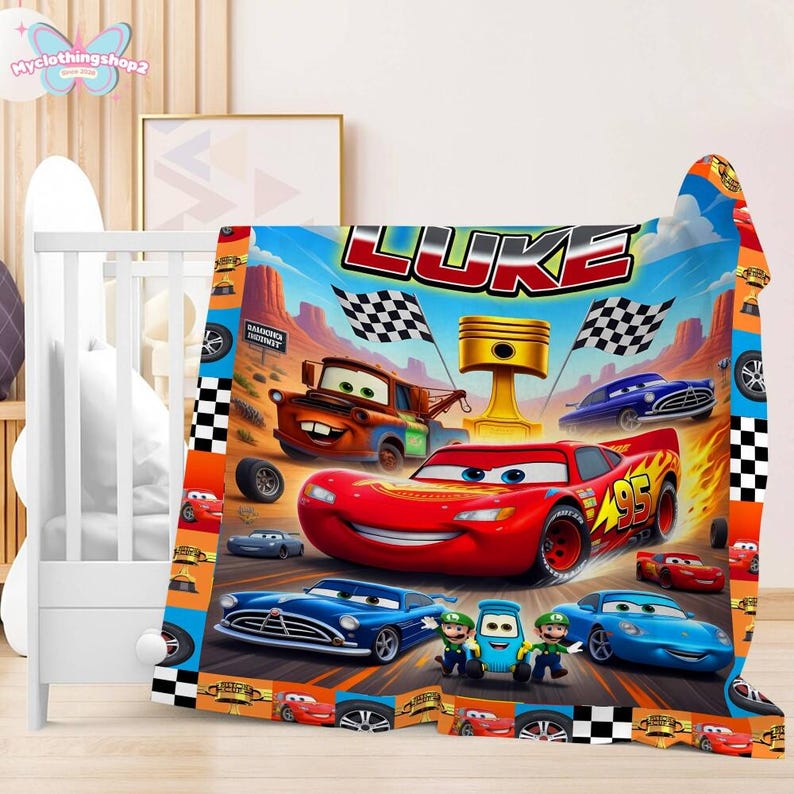 Personalized Cars Blanket, Custom Name Lightning Mcqueen Sally Tow Mater Cars Blanket, Custom Name Cars Characters Birthday Blanket Gifts image 3