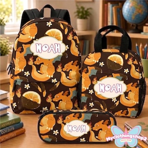 Personalisierter Charizard-Pokéball-Rucksack, Schultasche mit Namen, Brotdose und Federmäppchen – das perfekte Geschenk zum Schulanfang