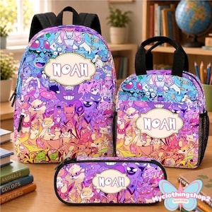 Personalisiertes Pokéball-Rucksack-Set, Schultasche mit individuellem Namen, Brotdose & Federmäppchen, Anime-Schulgeschenk