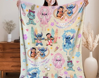 Retro Coquette Bows Lilo & Stitch Blanket, Lilo and Stitch Vintage Personalized Fleece Blanket, Lilo and Stitch Lover Gift, Fleece Blanket