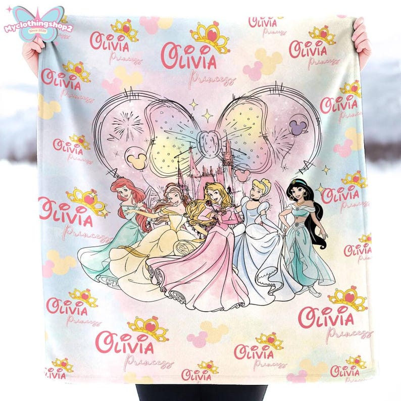 Personalized DisneyPrincess Blanket, Princess Girl Gift,Personalized Kid Blanket,Girly Gift Ideas,Disneyland Cinderella Ariel Belle Blanket image 4