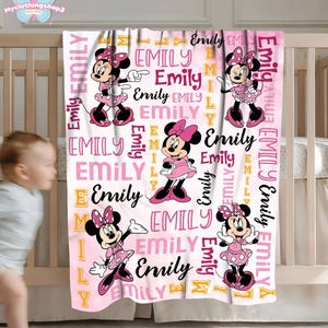 Manta personalizada de Minnie Mouse en acuarela, manta personalizada con nombre de Minnie Mouse, regalo de cumpleaños para niña, regalo para baby shower. imagen 7