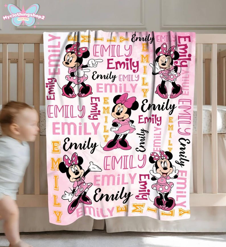 Manta personalizada de Minnie Mouse en acuarela, manta personalizada con nombre de Minnie Mouse, regalo de cumpleaños para niña, regalo para baby shower. imagen 7