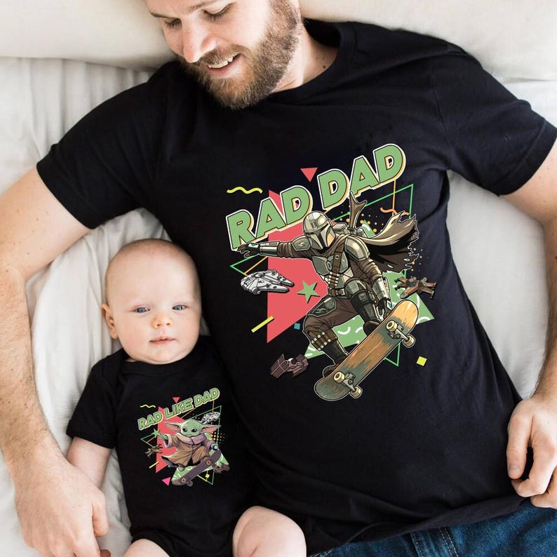 Rad Dad Mandalorian and Baby Yoda Matching Shirt, Retro 90s StarWars Father Day Matching Shirts, Dad and Son Baby Yoda Tees image 4