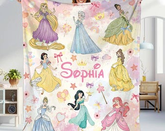 Personalized Watercolor Wdw Princess Blanket, Custom Name Baby Girl Blanket, WDW Princess Blanket, Birthday Girl Blanket Gifts