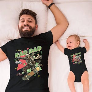 Rad Dad Mandalorian and Baby Yoda Matching Shirt, Retro 90s StarWars Father Day Matching Shirts, Dad and Son Baby Yoda Tees image 3