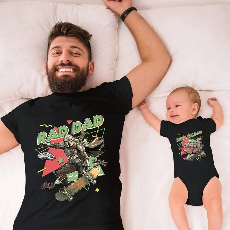 Rad Dad Mandalorian and Baby Yoda Matching Shirt, Retro 90s StarWars Father Day Matching Shirts, Dad and Son Baby Yoda Tees image 3