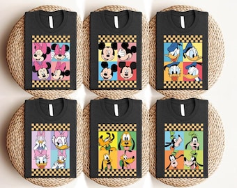 Customize Disneyland All Characters Checkered Retro Shirt, Disneyland Family Matching, Goofy Pluto Dog T-shirt, Donald & Daisy Tee