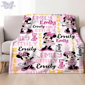 Manta personalizada de Minnie Mouse en acuarela, manta personalizada con nombre de Minnie Mouse, regalo de cumpleaños para niña, regalo para baby shower. imagen 2