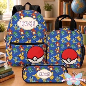 Personalisierter Pokéball-Rucksack, Schultasche mit individuellem Namen, Pokéball-Lunchbox, Geschenk für Sohn, Schulbedarf für Jungen und Mädchen