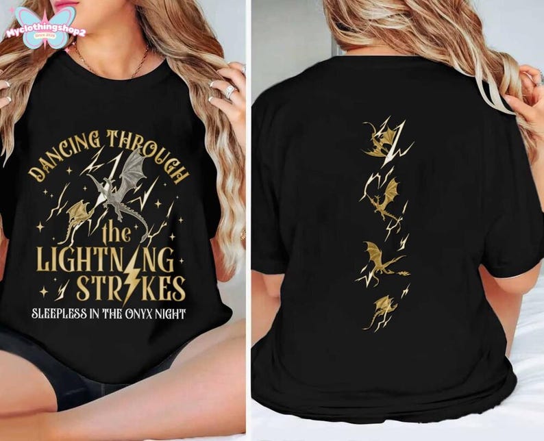 Onyx Storm Dancing Through The Lightning Strikes Shirt, Fourth Wing Inspired Shirt, Dragon Rider Shirt, Book Lover Gifts, Bookish Shirt immagine 1
