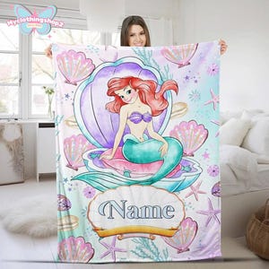 Personalized The Little Mermaid Blanket Ariel Princess Fleece Blanket Disneyland Princess Birthday Gift, Birthday Gift For Girls image 1