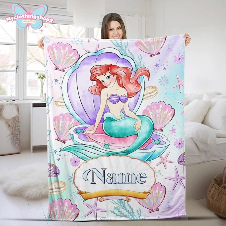 Personalized The Little Mermaid Blanket Ariel Princess Fleece Blanket Disneyland Princess Birthday Gift, Birthday Gift For Girls image 1