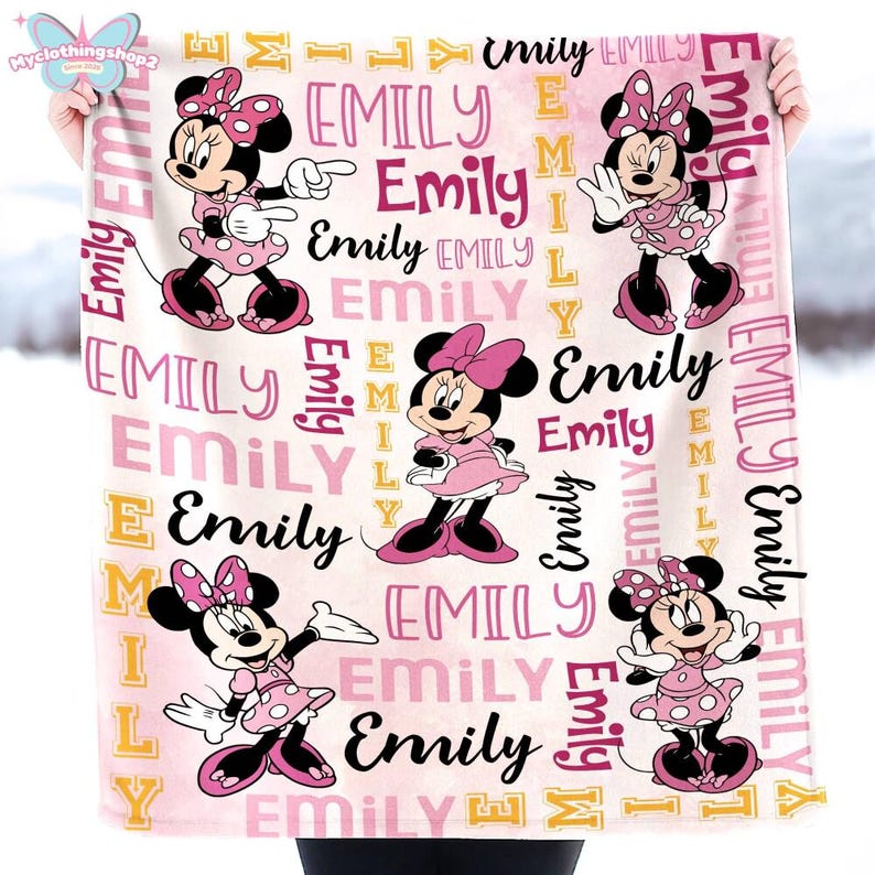 Manta personalizada de Minnie Mouse en acuarela, manta personalizada con nombre de Minnie Mouse, regalo de cumpleaños para niña, regalo para baby shower. imagen 4