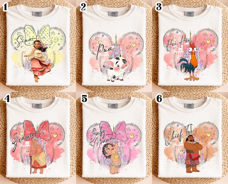Retro Disneyland Moana Coquette Bows Shirt, Maui Moana Hei Hei and Pua tee, Moana Family Bundle, Moana Characters Shirt, Princess Fun Gift image 2