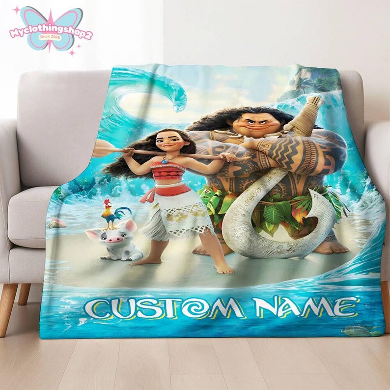 Custom Name Princess Moana Blankets, Moana 2 Fleece Blanket, Moana Maui Blanket, Princess Moana Blanket, Birthday Gift immagine 2