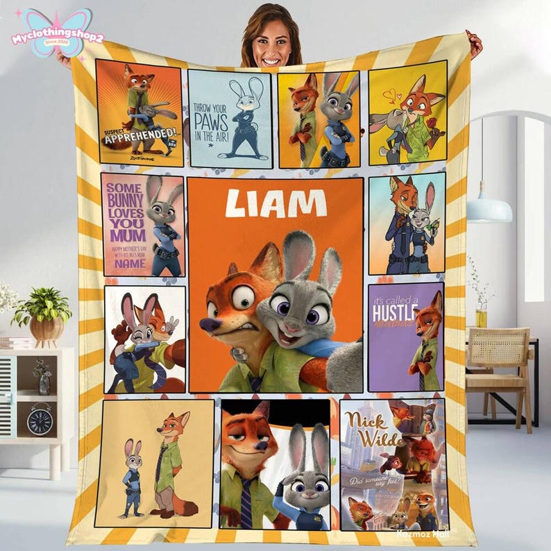 Personalized Disneyland Zootopia Blanket, Judy Hopps Nick Wilde Birthday Boy Girl Matching Fleece Blanket, WDW Disneyland Couple Gifts image 1