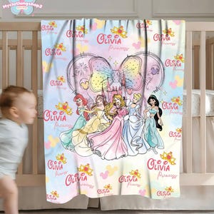 Personalized DisneyPrincess Blanket, Princess Girl Gift,Personalized Kid Blanket,Girly Gift Ideas,Disneyland Cinderella Ariel Belle Blanket image 6