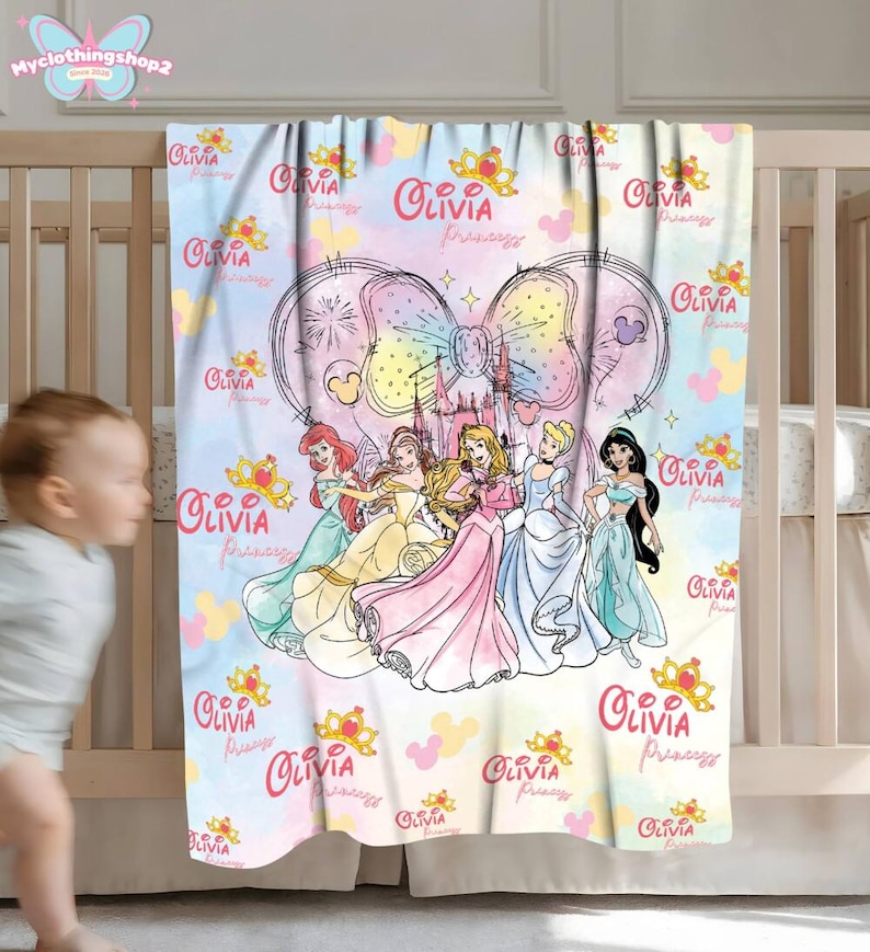 Personalized DisneyPrincess Blanket, Princess Girl Gift,Personalized Kid Blanket,Girly Gift Ideas,Disneyland Cinderella Ariel Belle Blanket image 6