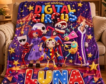 The Digital Circus Fleece Throw Blanket, TADC Fan Art Pomni Jax Caine Group Design, Personalized Circus Character Blanket