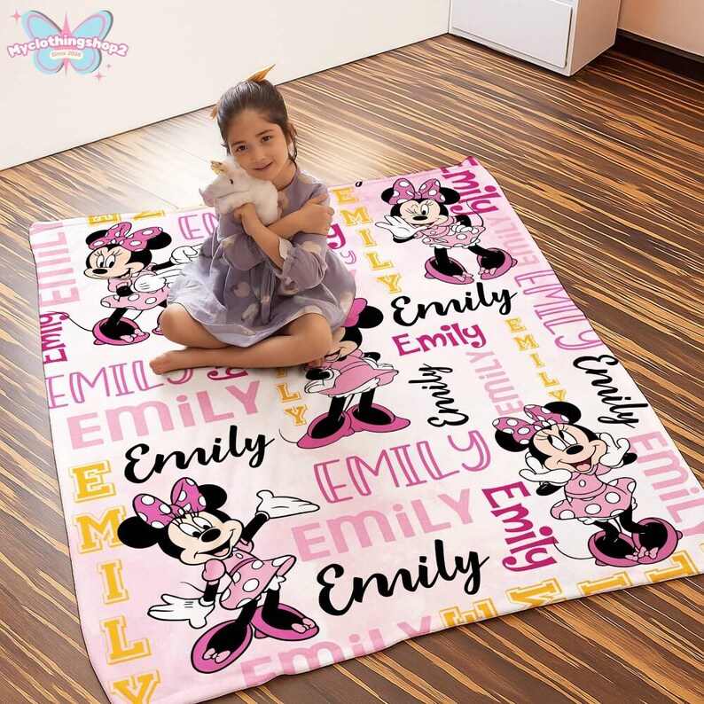 Manta personalizada de Minnie Mouse en acuarela, manta personalizada con nombre de Minnie Mouse, regalo de cumpleaños para niña, regalo para baby shower. imagen 5