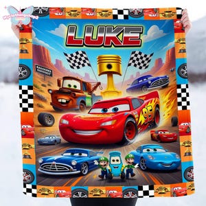 Personalized Cars Blanket, Custom Name Lightning Mcqueen Sally Tow Mater Cars Blanket, Custom Name Cars Characters Birthday Blanket Gifts image 2