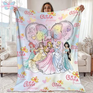 Personalized DisneyPrincess Blanket, Princess Girl Gift,Personalized Kid Blanket,Girly Gift Ideas,Disneyland Cinderella Ariel Belle Blanket image 7