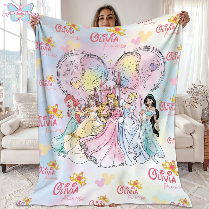 Personalized DisneyPrincess Blanket, Princess Girl Gift,Personalized Kid Blanket,Girly Gift Ideas,Disneyland Cinderella Ariel Belle Blanket image 7