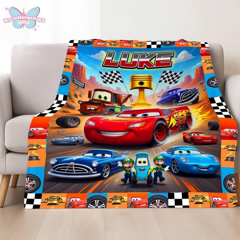 Personalized Cars Blanket, Custom Name Lightning Mcqueen Sally Tow Mater Cars Blanket, Custom Name Cars Characters Birthday Blanket Gifts image 4