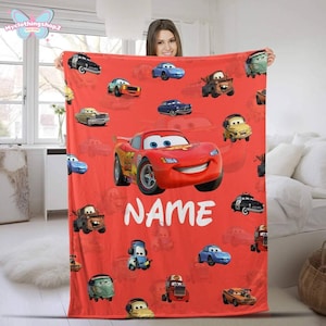 Personalized Cars Blanket, Custom Name Lightning Mcqueen Sally Tow Mater DisneyCars Blanket, Custom Name Cars Characters Birthday Blanket zdjęcie 1