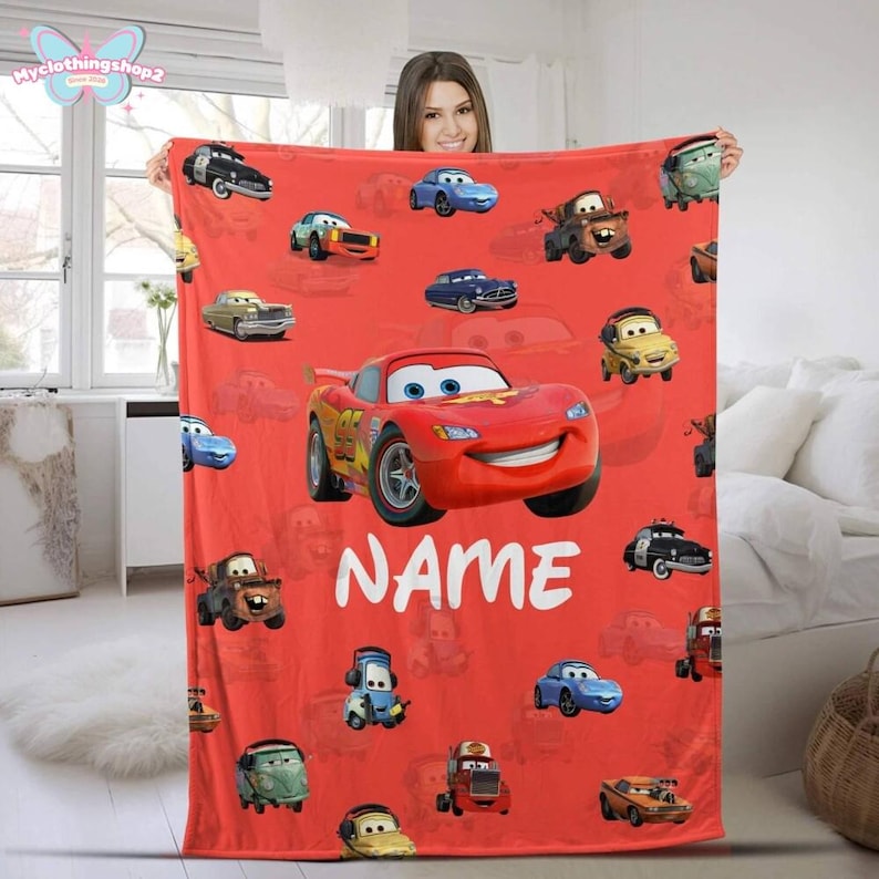 Personalized Cars Blanket, Custom Name Lightning Mcqueen Sally Tow Mater DisneyCars Blanket, Custom Name Cars Characters Birthday Blanket zdjęcie 1