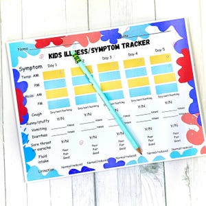 May include: A printed Kids Illness/Symptom Tracker with a light blue pencil. The tracker has sections for symptoms, temperature, and medication, with spaces to record data over five days. The design includes colorful abstract shapes.