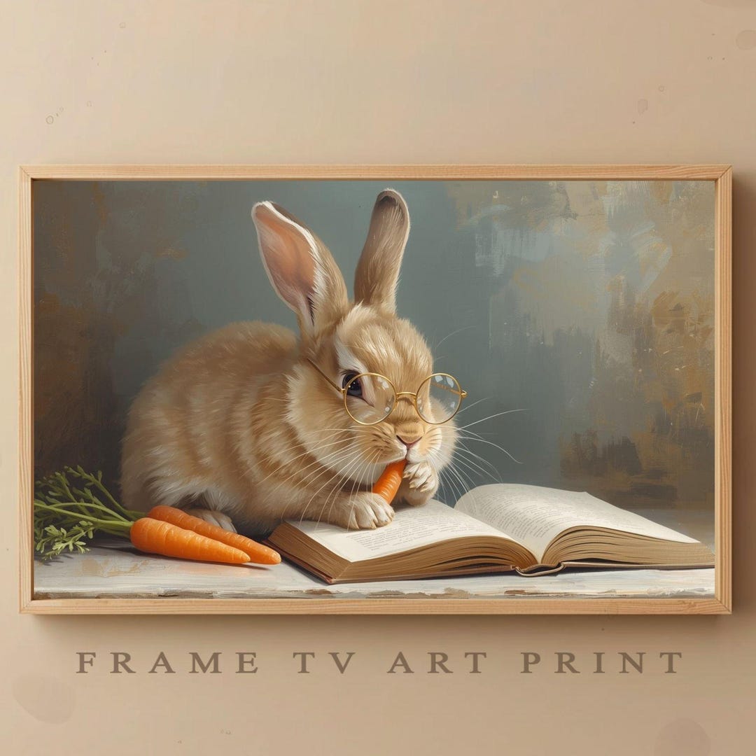 Easter Bunny Reading With Glasses Frame TV Art, Spring Cottagecore ...