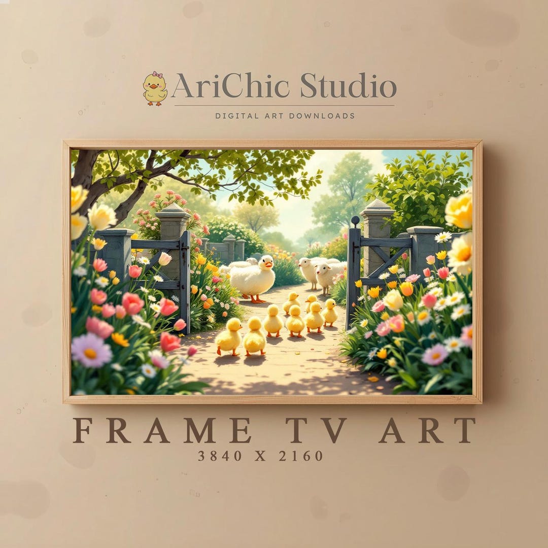 Baby Chick Spring Landscape Frame TV Art, Vintage Cottage (digital ...