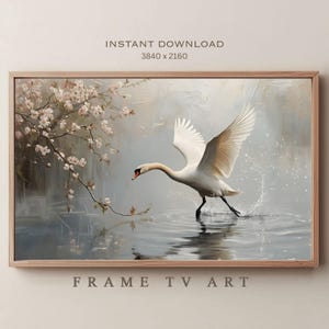 Frühlings-Schwan-Rahmen Fernsehkunst, majestätische Schwan-schlagende Flügel-Seeanstrich, romantische Natur-Wand-Dekor, strukturiertes pastoses Ölgemälde