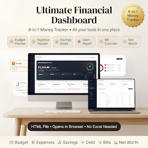 May include: A digital financial dashboard displayed on a computer monitor and laptop screen. The interface features sections for a budget planner, expense tracker, savings goals, debt payoff, bill calendar, and net worth. Text includes Ultimate Financial Dashboard, 8-in-1 Money Tracker, and HTML File - Opens in Browser - No Excel Needed.