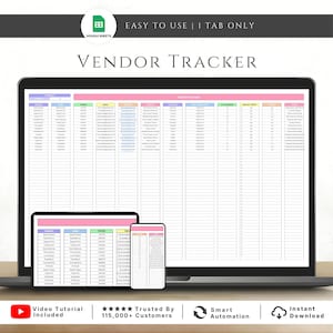 Puede incluir: Un ordenador portátil, una tableta y un smartphone muestran una hoja de cálculo titulada "VENDOR TRACKER". La hoja de cálculo está organizada con columnas y filas, y el texto "EASY TO USE | 1 TAB ONLY" está en la parte superior. La imagen también incluye el texto "Video Tutorial Included."