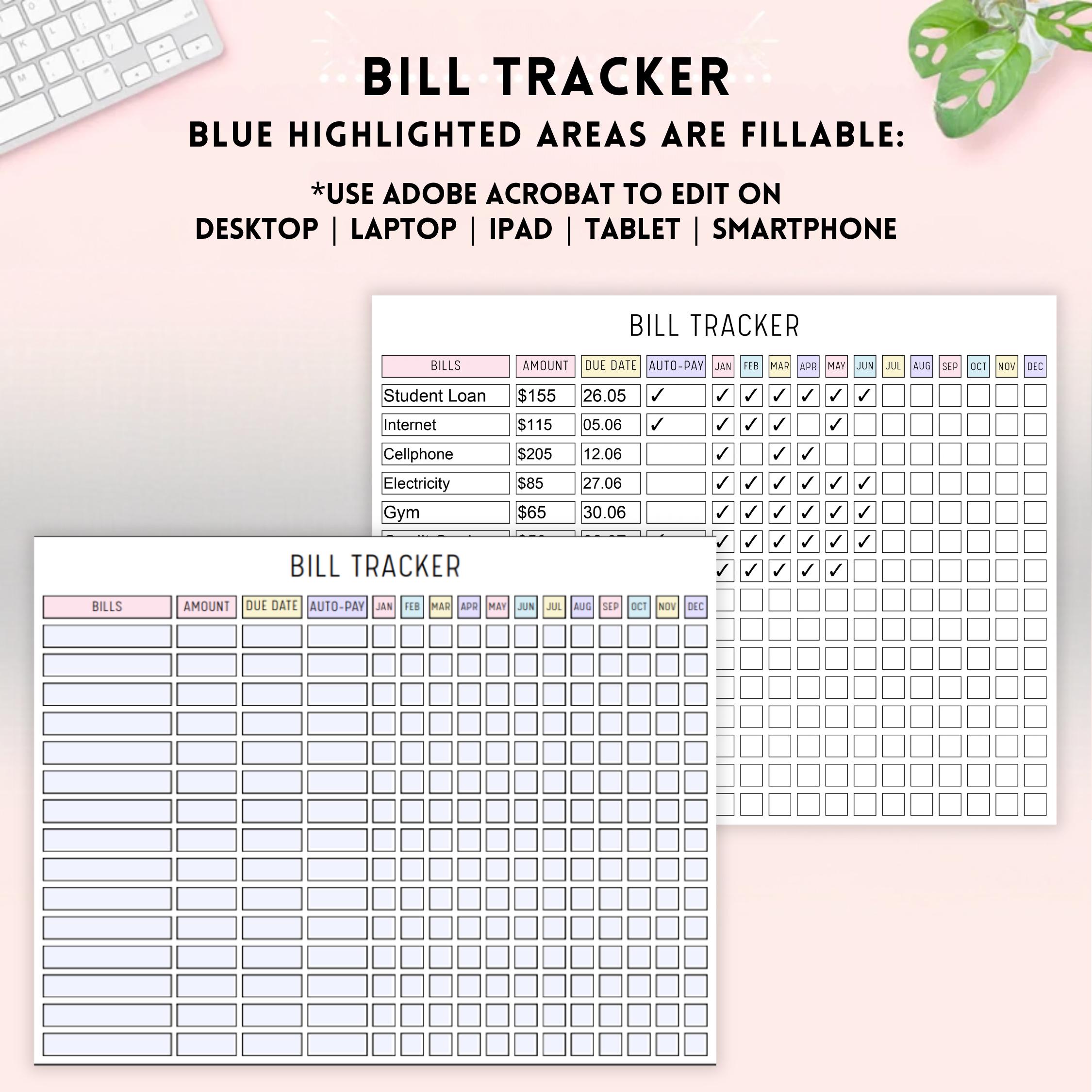 Bill Payment Tracker Template | Editable Fillable PDF | Monthly and ...