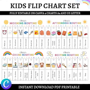 May include: A printable Kids Flip Chart Set with morning, afternoon, chore, and bedtime routines. The chart includes illustrations for tasks like brushing teeth, eating snacks, and making the bed. The text says "KIDS FLIP CHART SET" and "INSTANT DOWNLOAD PDF PRINTABLE".