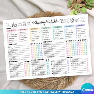 May include: A cleaning schedule template with a weekly, monthly, semi-annual, and annual breakdown. The schedule includes tasks for the kitchen, bathrooms, bedrooms, and living areas. The text "Cleaning Schedule" is at the top.