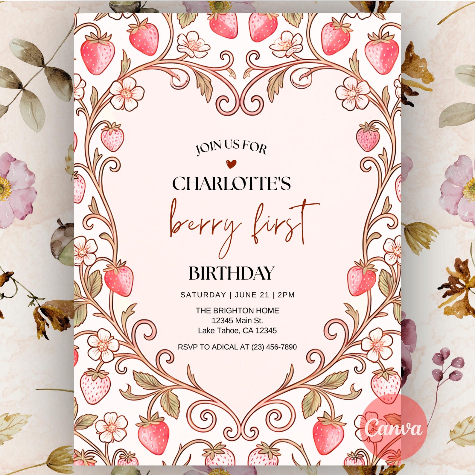 Berry First Birthday Invitation, Editable Strawberry 1st Birthday Girl ...