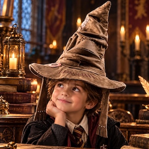 May include: A brown, weathered, pointed fabric hat with a wide brim, featuring visible stitched detailing, a patch on the crown, and two long, fringed side flaps hanging down from the brim, designed with a worn, textured appearance.